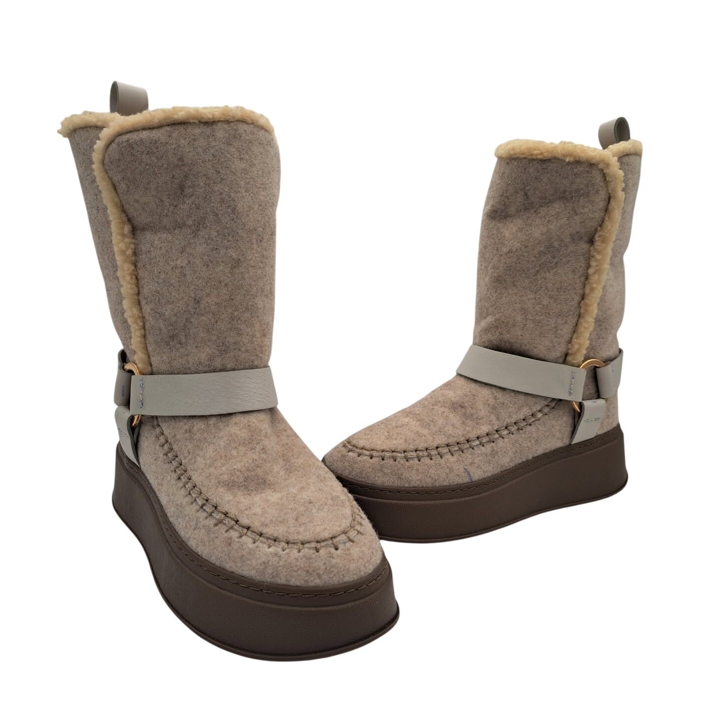Odissi Platform Boots Women's Size 38 Us 7.5 Taupe Felted Wool Shearling Lined